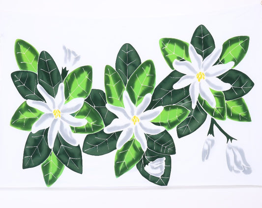 ティアレ柄【白/オレンジ】ハンドペイント フルサイズパレオ