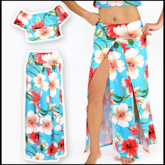 前スリットロングスカート 3wayフリルへそ出しトップス ハイビスカス柄2ピース 上下ばら売り【4色展開】